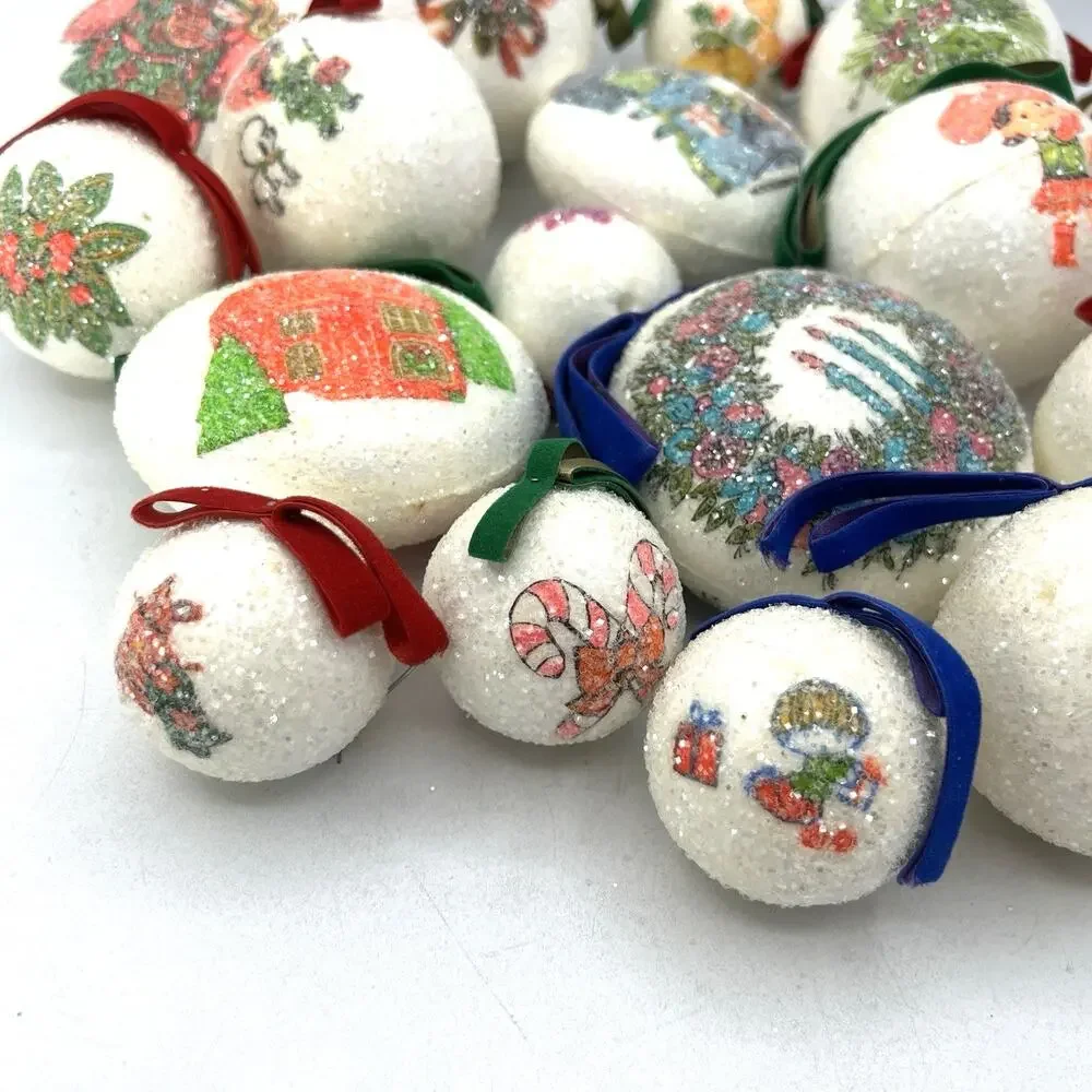 Set 18 Sugar Coated Frosted Christmas Tree Ornaments Retro 1960s Day Glo Kitsch